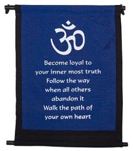 Royal blue banner with Om symbol and quote