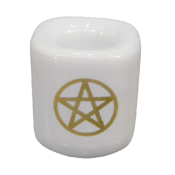 Spell Candle Holder - White With Gold Pentacle - Ceramic 1.25"