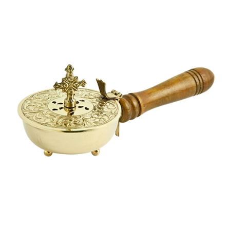 Brass insense burner with carved details and cross with a wooden handle