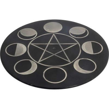 Incense Burner Dish - Moon Phases & Pentacle - Carved Soapstone