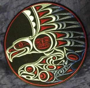 Embroidery Iron On Patch - Eagle and Salmon - 8" Diameter - Joe Wilson